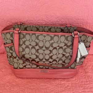 Coach Signature Carry Tote Shoulder Bag Tan/Coral